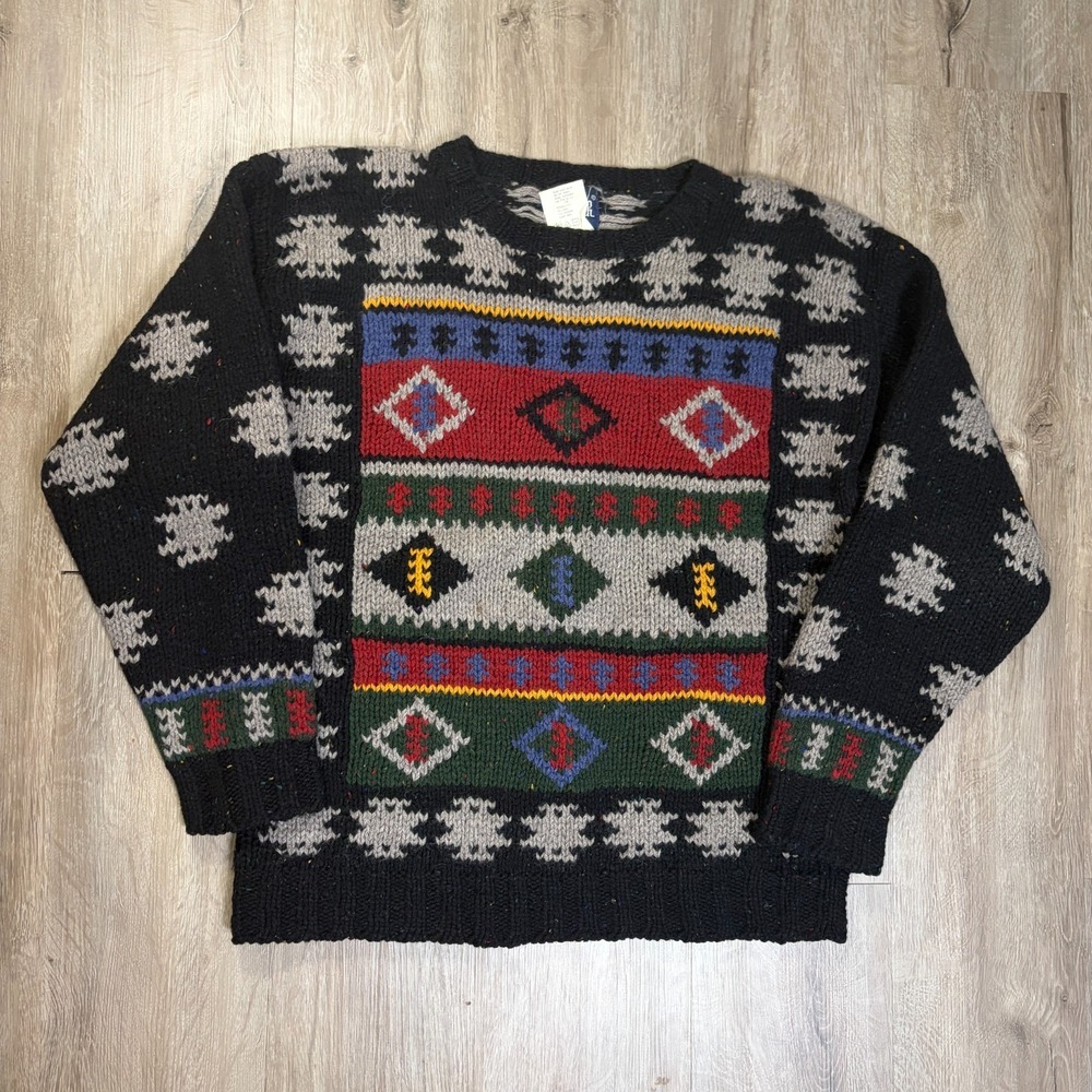 VTG Woolrich 100% Wool Sweater XL Aztec Southwestern Black Pullover Knit - Picture 1 of 6